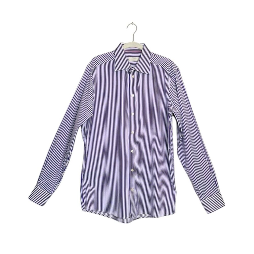 ETON Men's Contemporary Fit Stripe Cotton Button Up Shirt in Purple/White  Sz 42